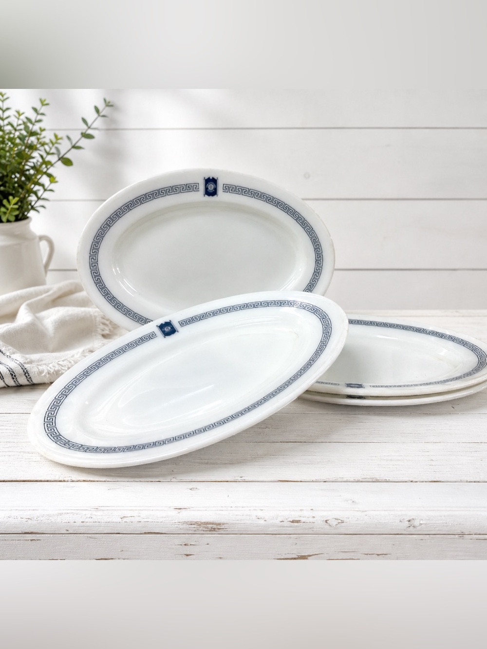 Pyrex Bradford House Greek Key Oval Plates 11.5” Milk Glass Restaurant Ware